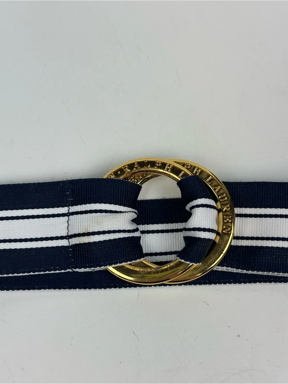 Lauren Ralph Lauren Navy and White Striped Ribbon Belt with Gold Ring